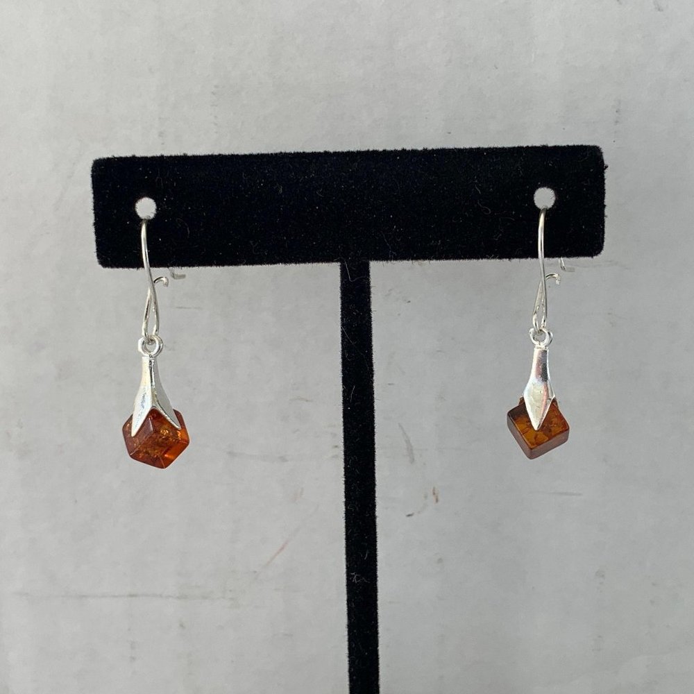Cube Shape Amber Drop Dangle Silver Botw Earrings - image 2